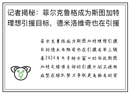 记者揭秘：菲尔克鲁格成为斯图加特理想引援目标，德米洛维奇也在引援名单上